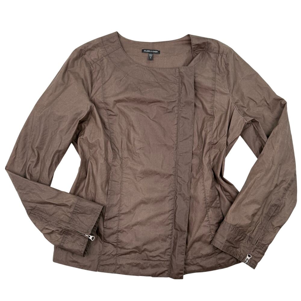 Eileen Fisher Coated Cotton Jacket Brown Minimalist Zip Sleeve Italian Fabric M